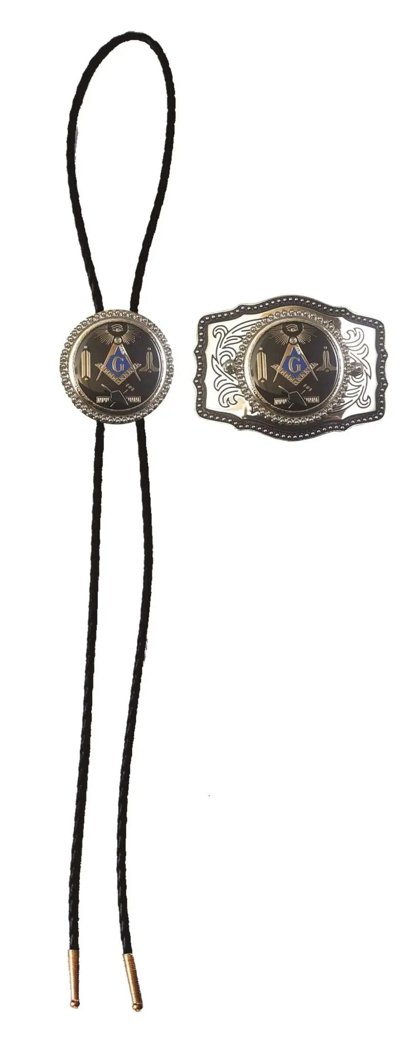 Master Mason Blue Lodge Buckle and Bolo Tie Set - Black & Silver Filigree Working Tools - Bricks Masons