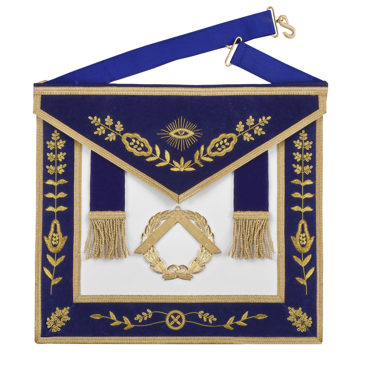 Grand Master Blue Lodge Apron - Royal Blue Velvet With Gold Metal Badge - Bricks Masons