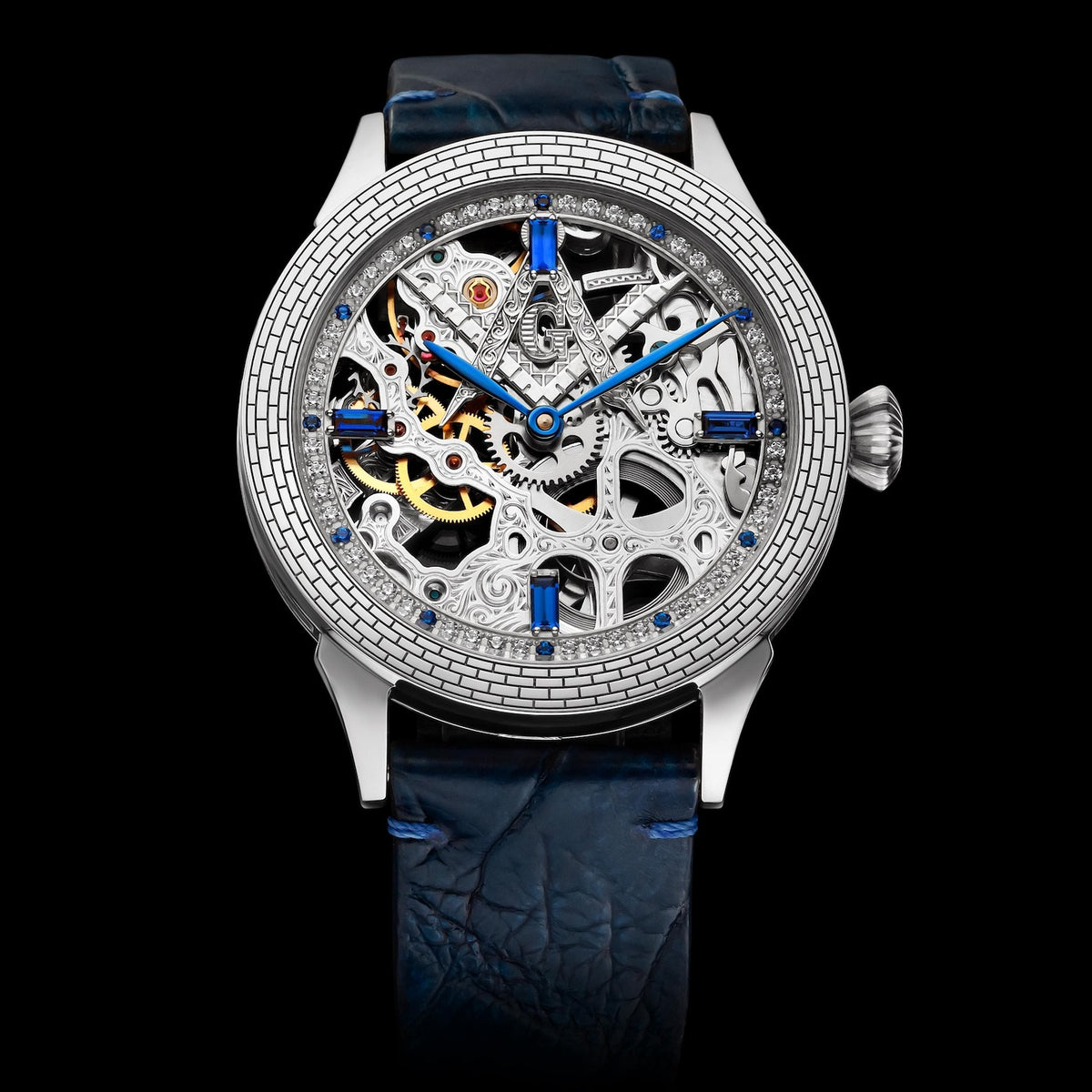 Master Mason Blue Lodge Wristwatch - Silver Skeleton With Blue Leather Strap - Bricks Masons