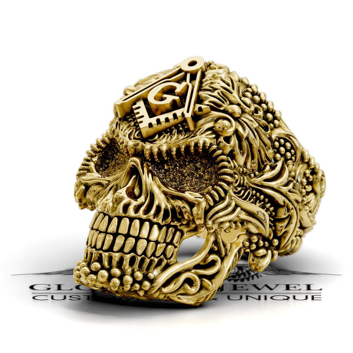 Master Mason Blue Lodge Ring - Skull Square & Compass G Various Materials - Bricks Masons