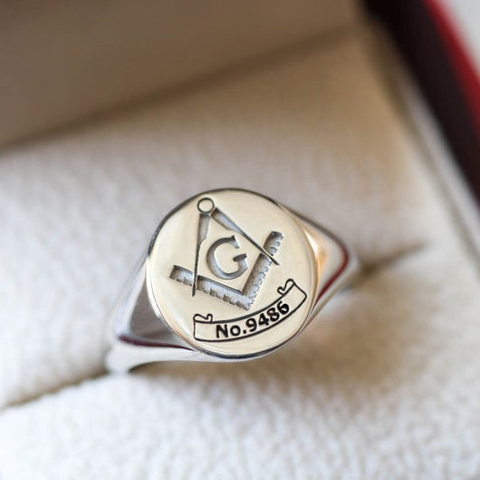 Master Mason Blue Lodge Ring - Solid Gold Customized Lodge Number - Bricks Masons