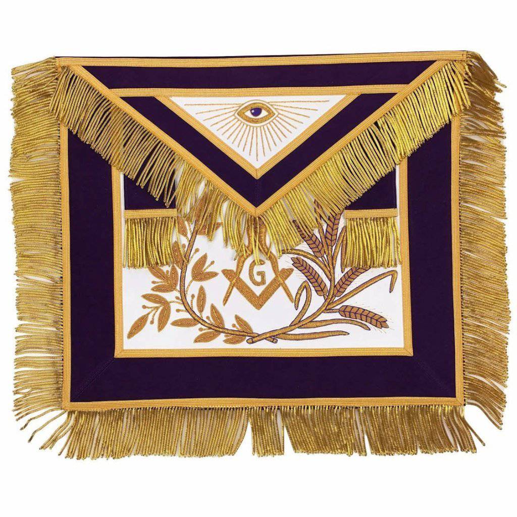 Master Mason Blue Lodge Apron - Purple Velvet with Gold Fringe Hand Embroidered - Bricks Masons