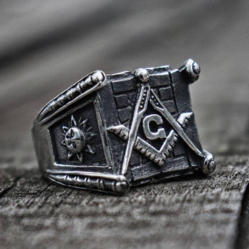 Master Mason Blue Lodge Ring - Square & Compass G/Sun and Moon Stainless Steel - Bricks Masons
