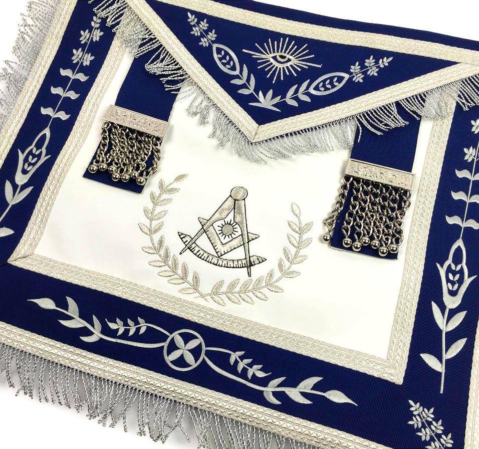Past Master Blue Lodge Apron - White & Royal Blue with Silver Embroidery - Bricks Masons