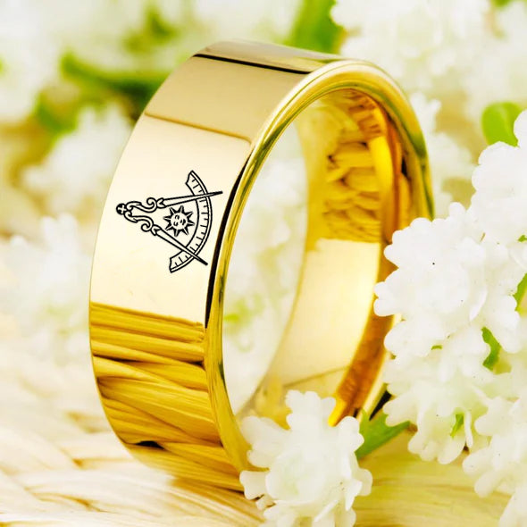 Past Master Blue Lodge California Regulation Ring - Gold Color Pipe Cut Tungsten - Bricks Masons