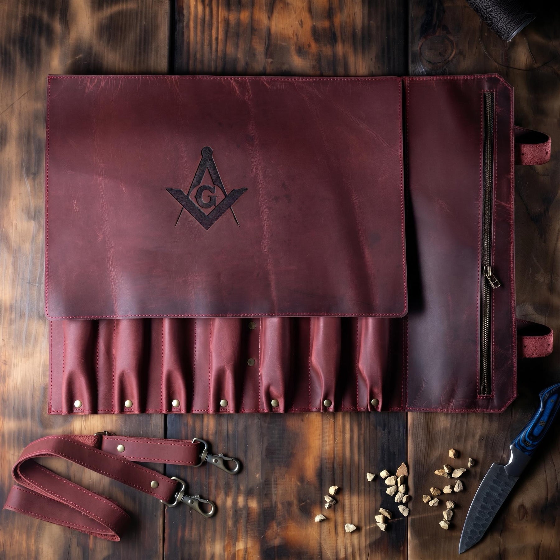 Master Mason Blue Lodge Knife Roll - Square & Compass G 7 Slot Custom Leather Roll - Bricks Masons