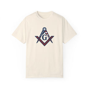 Master Mason Blue Lodge T-Shirt - Garment-Dyed USA Flag Mason - Bricks Masons
