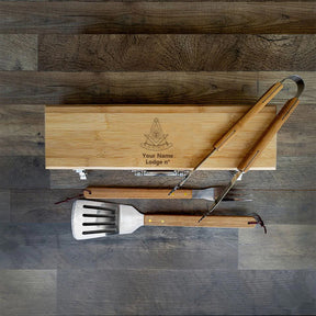 Past Master Blue Lodge California Regulation Grill Tool - BBQ Set & Bamboo Case - Bricks Masons