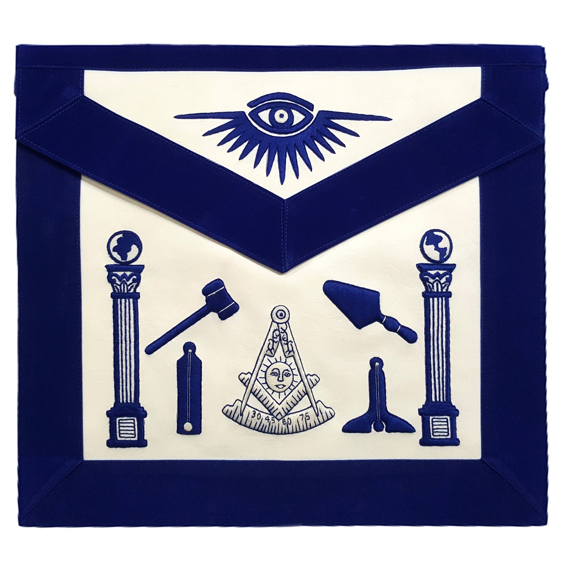 Past Master Blue Lodge Apron - Hand Embroidered with White Silk Threads