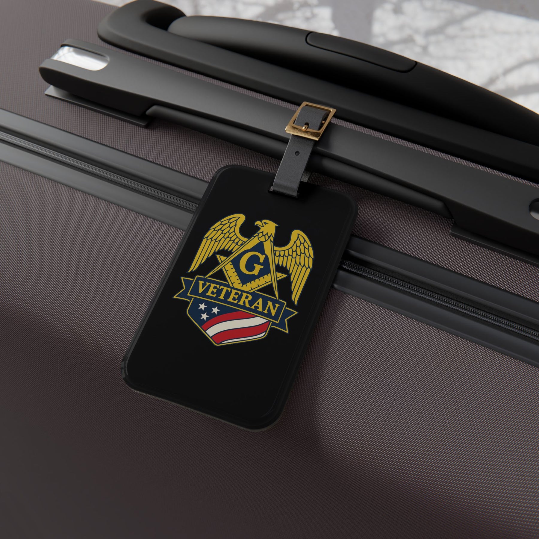 Master Mason Blue Lodge Luggage Tag - Black Veteran Mason With Black Leather Strap - Bricks Masons