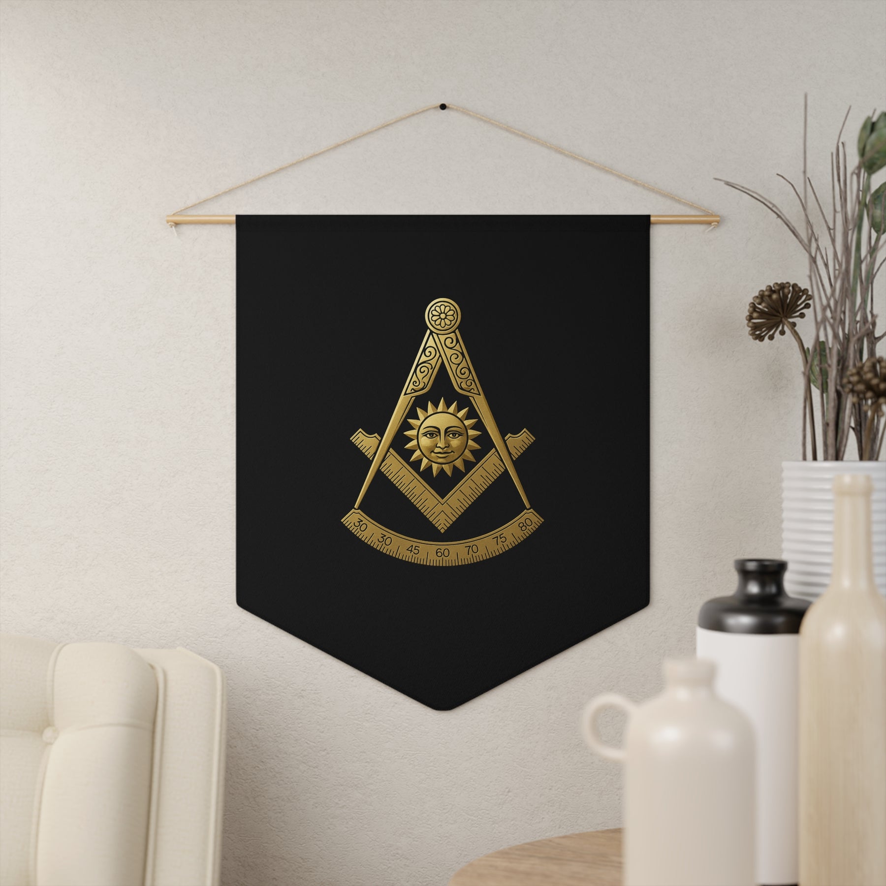 Past Master Blue Lodge Pennant - S&C with Sun and Quadrant on Black Polyester Twill - Bricks Masons