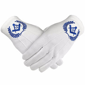 Master Mason Blue Lodge Gloves - White Cotton with Blue Square & Compass G