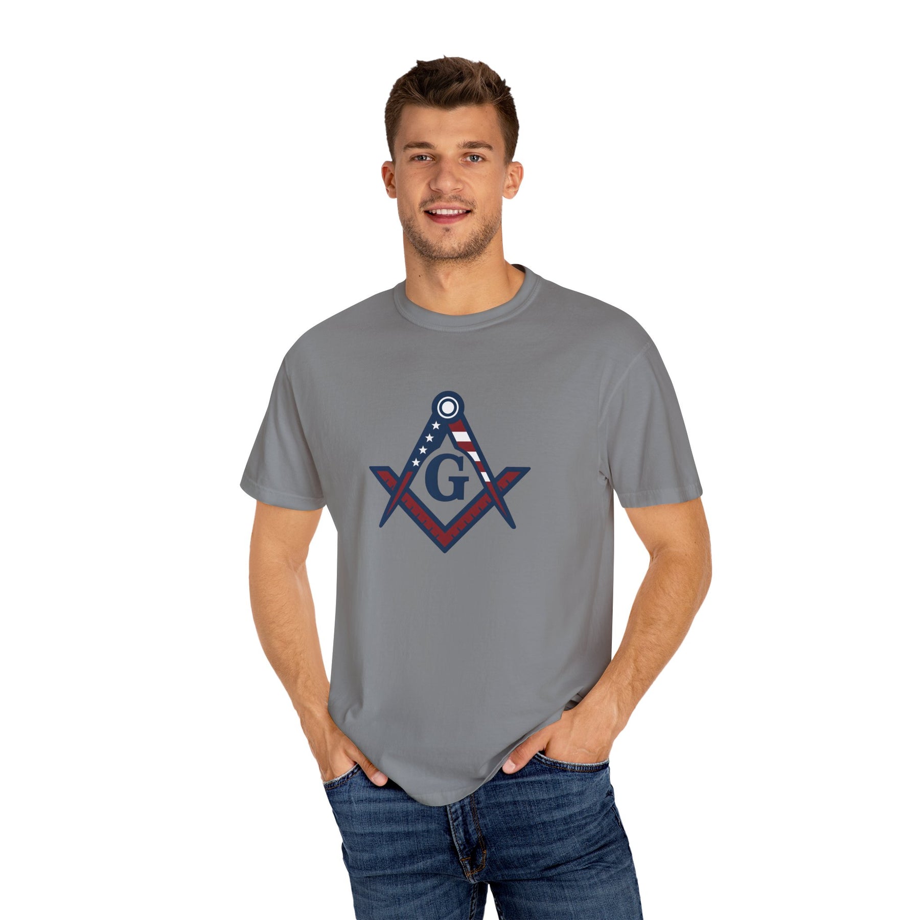 Master Mason Blue Lodge T-Shirt - Garment-Dyed USA Flag Mason - Bricks Masons