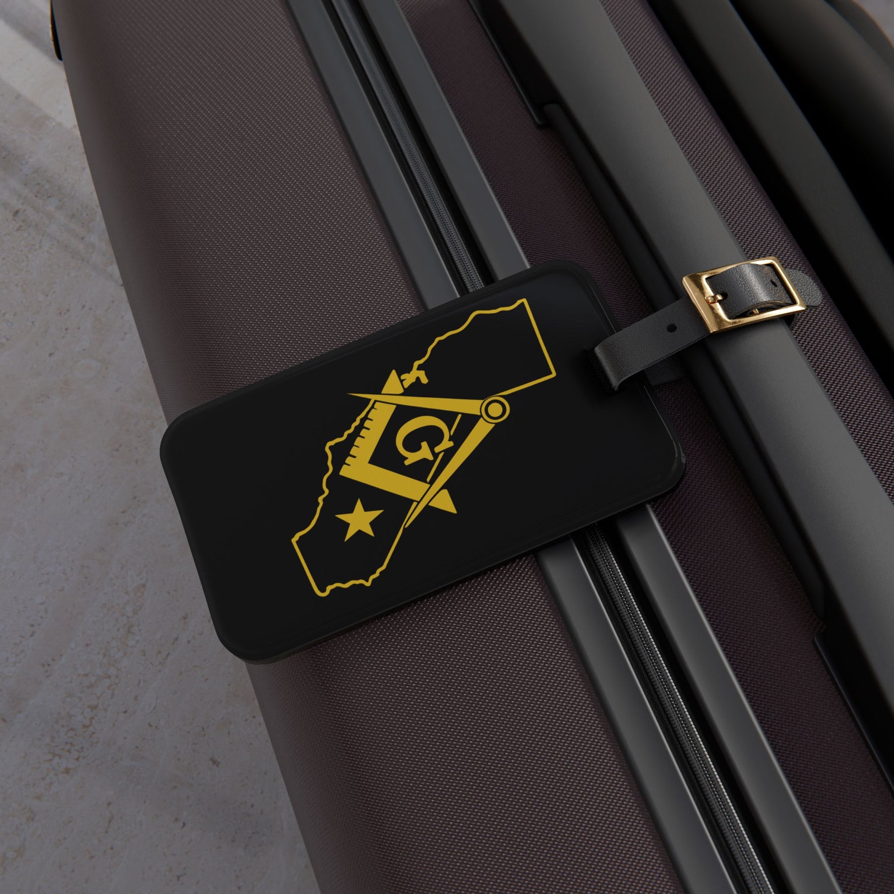 Master Mason Blue Lodge Luggage Tag - California Mason With Black Leather Strap - Bricks Masons