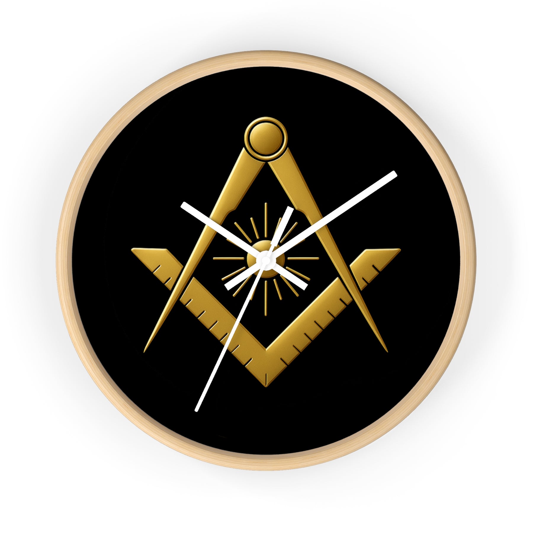 Master Mason Blue Lodge Clock - Golden S&C with Sun in Wooden Frame - Bricks Masons