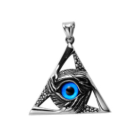 Eye Of Providence Necklace - Silver Stainless Steel Blue All Seeing Eye Pendant - Bricks Masons