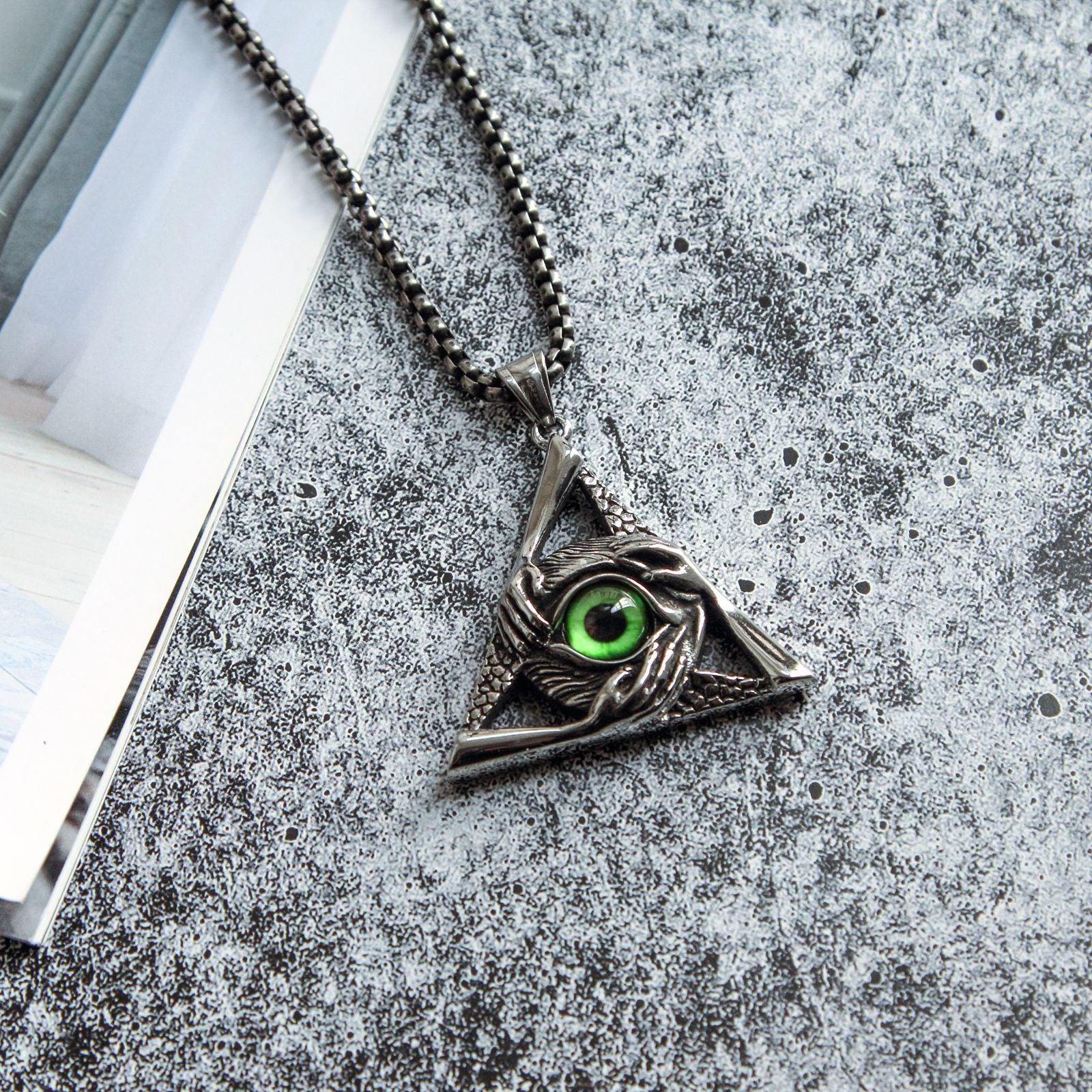 Eye Of Providence Necklace - Silver Stainless Steel Green All Seeing Eye Pendant - Bricks Masons