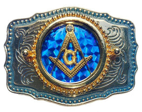 Master Mason Blue Lodge Belt Buckle  -  Blue Raised Square & Compass - Bricks Masons