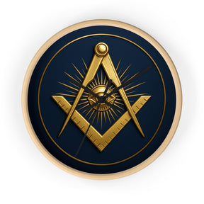 Master Mason Blue Lodge Clock - Wood Frame with Eye Square & Compass Symbol - Bricks Masons