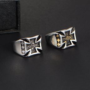 Knights Templar Commandery Ring - Silver & Gold Cross Titanium Steel Ring - Bricks Masons