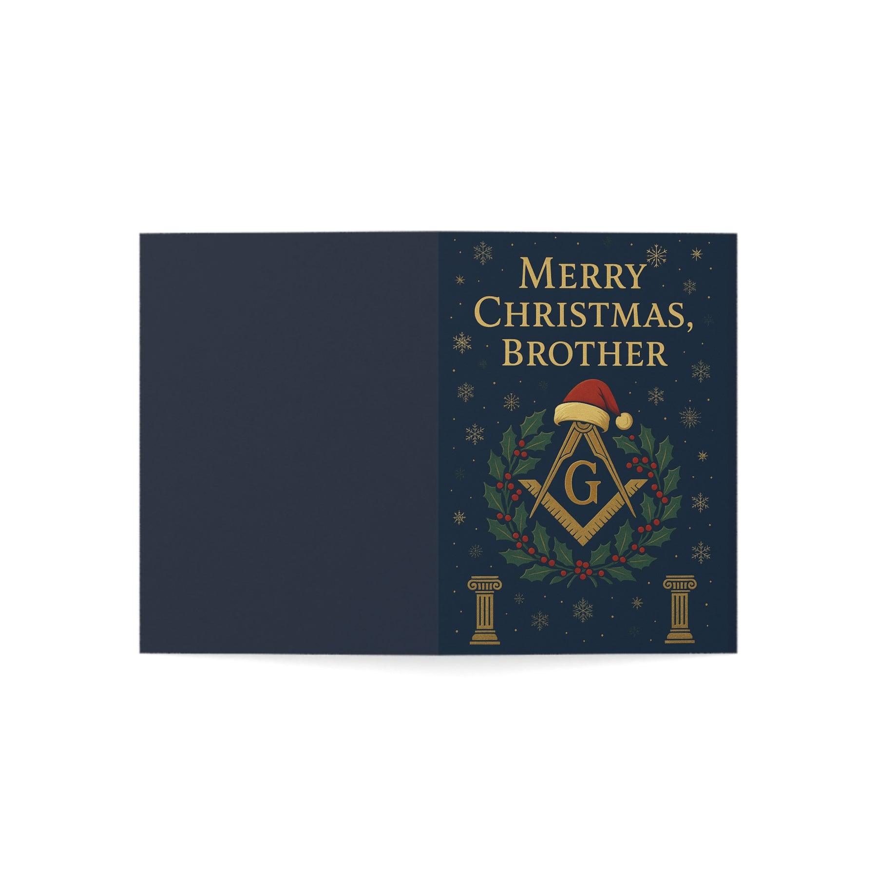 Master Mason Blue Lodge Greeting Card - Square & Compass G with Pillars Christmas Edition - Bricks Masons