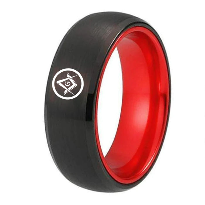 Master Mason Blue Lodge Ring - Black Tungsten With Red Aluminum Inlay Personalizable - Bricks Masons