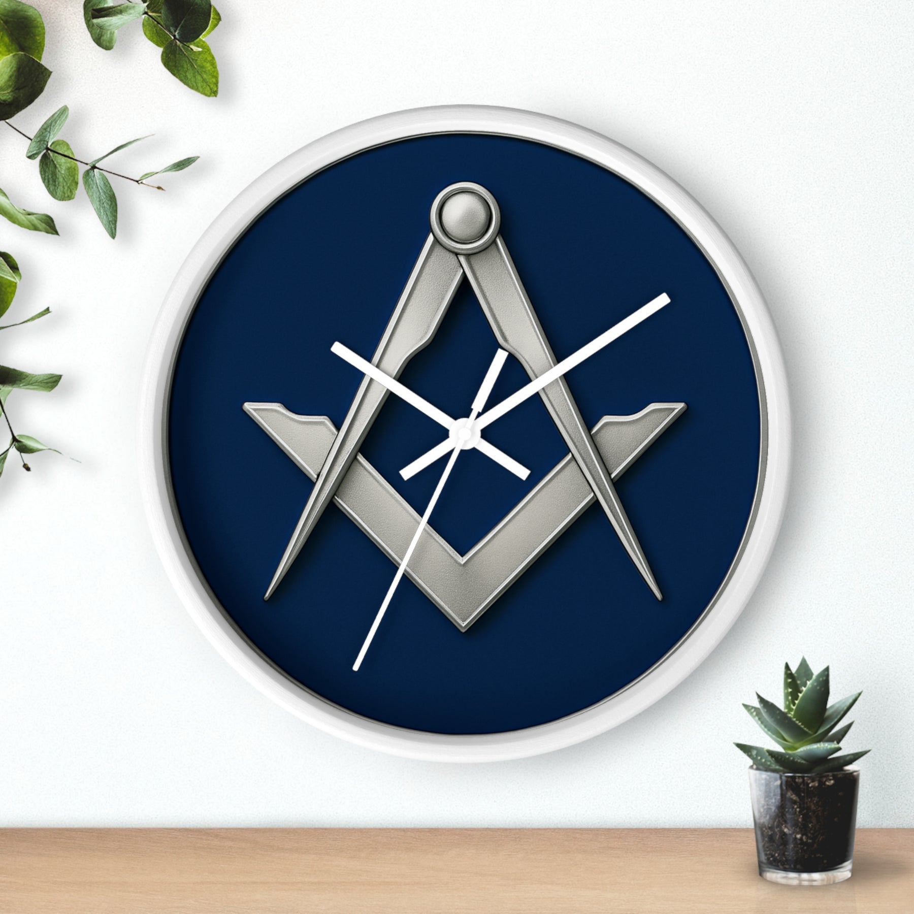 Master Mason Blue Lodge Clock - Minimalist Square & Compass in Wooden Frame - Bricks Masons