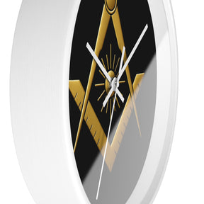 Master Mason Blue Lodge Clock - Golden S&C with Sun in Wooden Frame - Bricks Masons