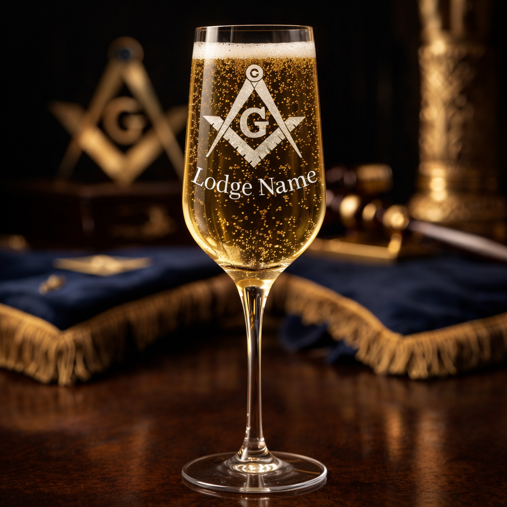 Master Mason Blue Lodge Champagne Flute - Square & Compasses G with Customization - Bricks Masons