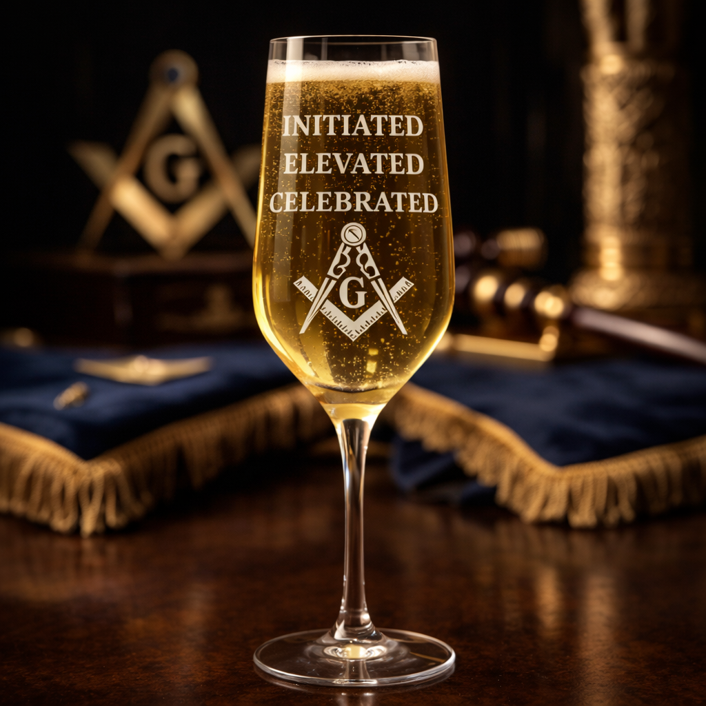 Master Mason Blue Lodge Champagne Flute - Initiated Elevated Celebrated S&C with G - Bricks Masons