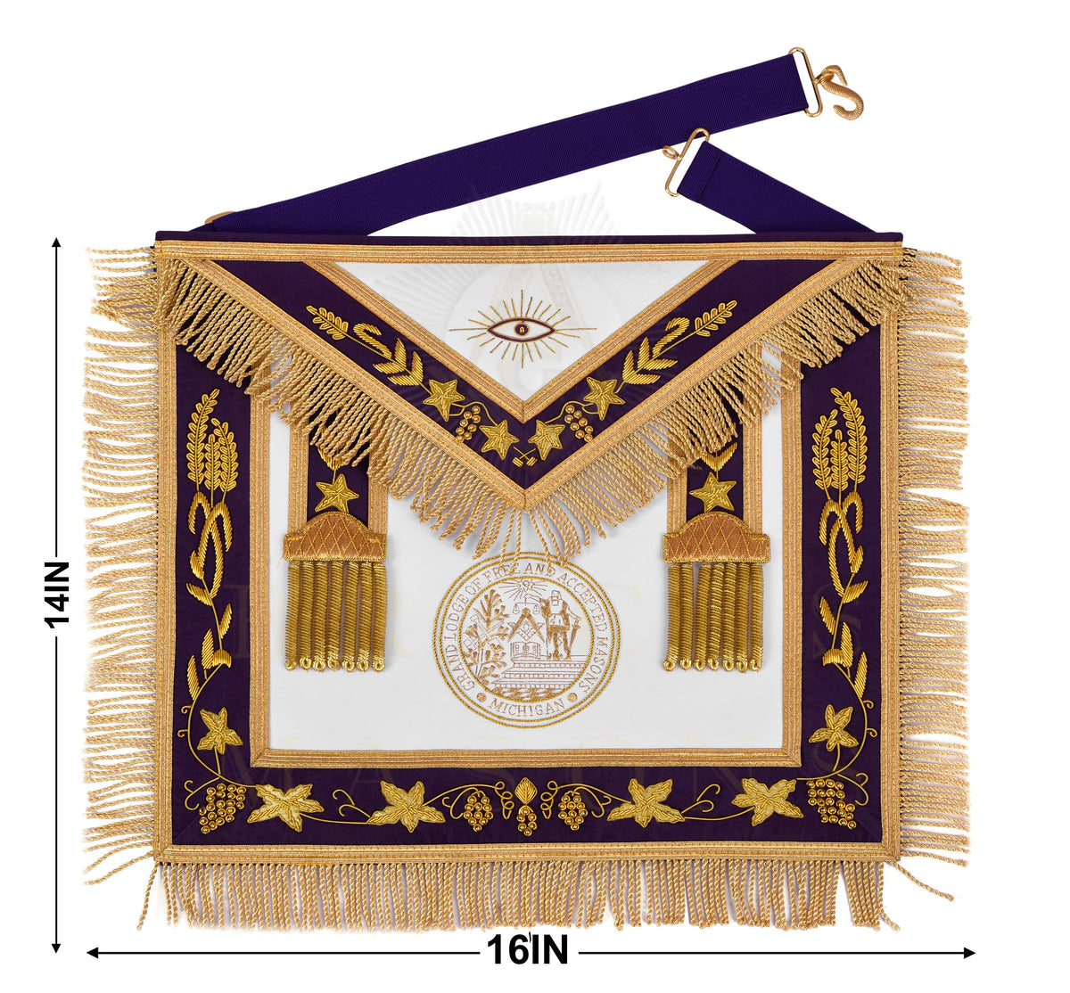 Grand Master Blue Lodge Apron - Customizable Emblem Premium Quality Purple Velvet Gold Bullion & Fringe - Bricks Masons