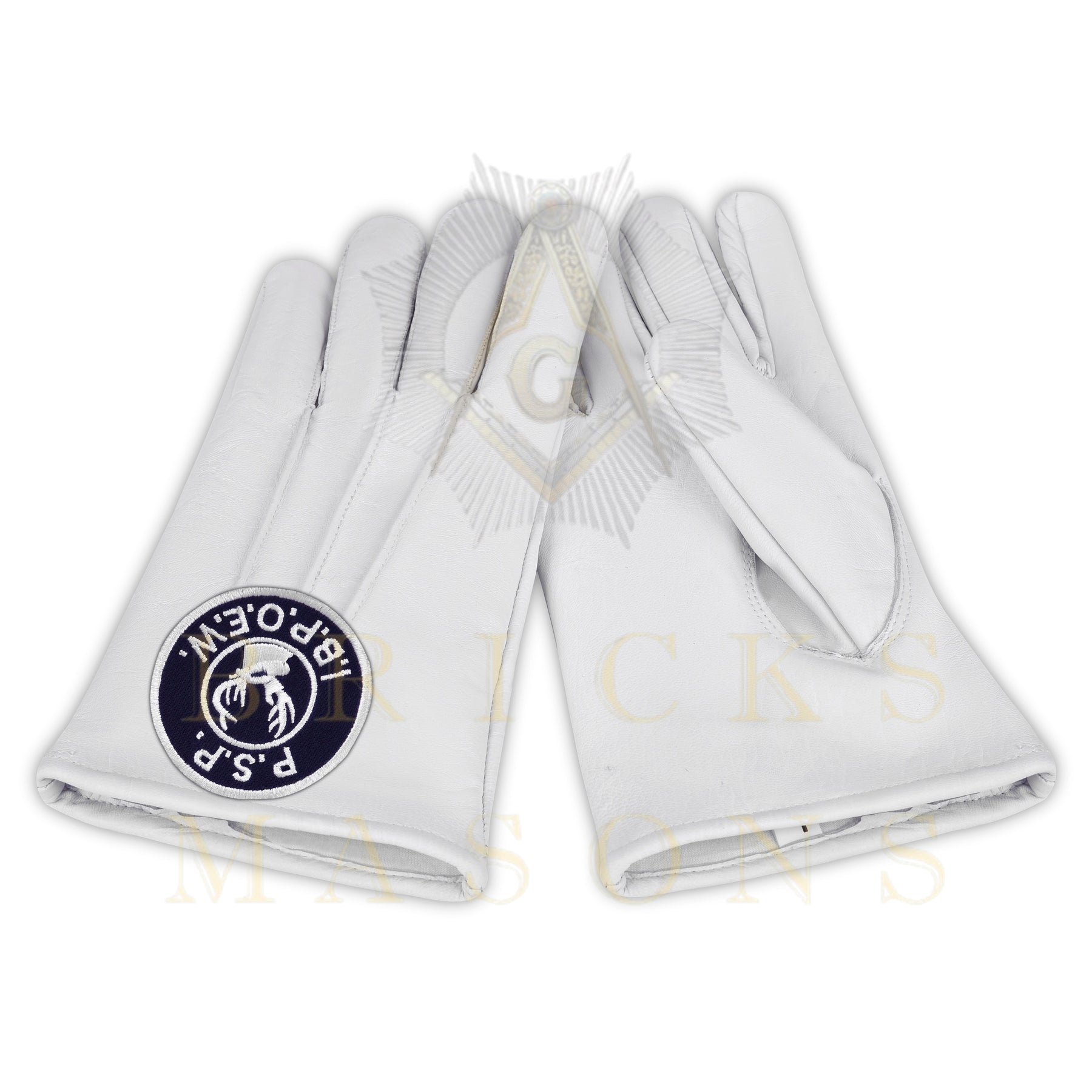 Past State President Elks of the World Gloves - White Leather - Bricks Masons
