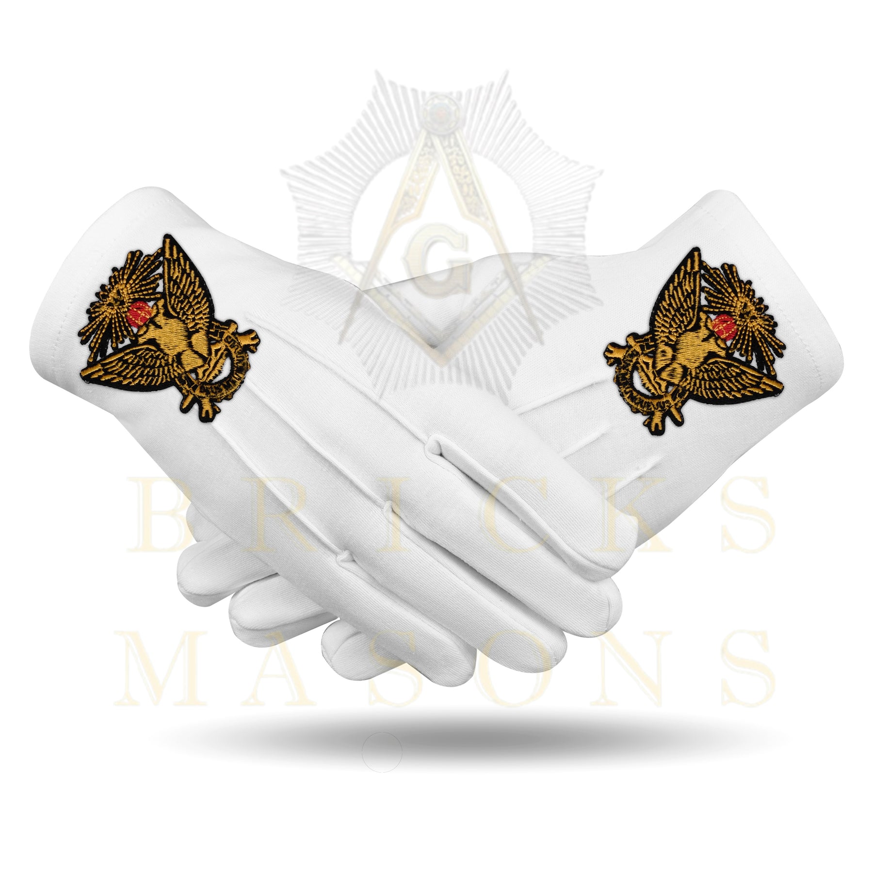 33rd Degree Scottish Rite Gloves - White Cotton Wings Up - Bricks Masons