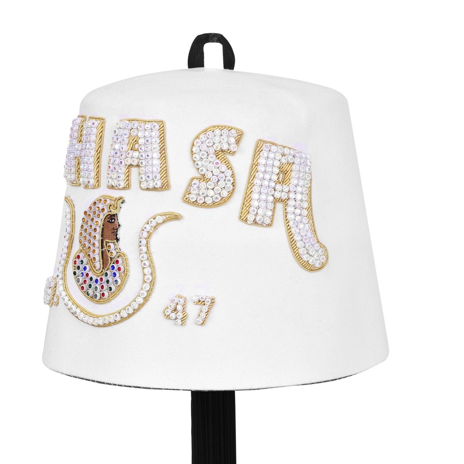 DOI PHA Fez Hat - Pure White & Gold Embroidery With Rhinestones (3 Rows as pictured)