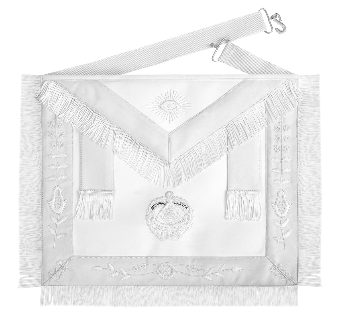 Past Grand Master Blue Lodge Apron - All White Bullion With Wreath & Pillars - Bricks Masons