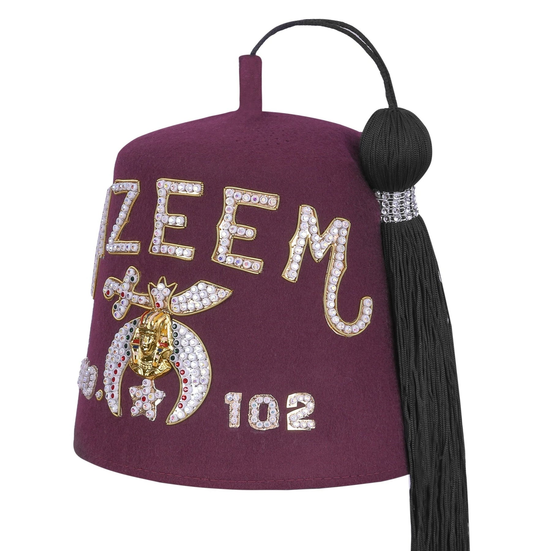 Shriners Fez Hat - Burgundy Wool Rhinestones Letters