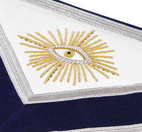 Past Master Blue Lodge Apron - Navy Velvet & Silver Bullion Hand Embroidery With Pillars - Bricks Masons