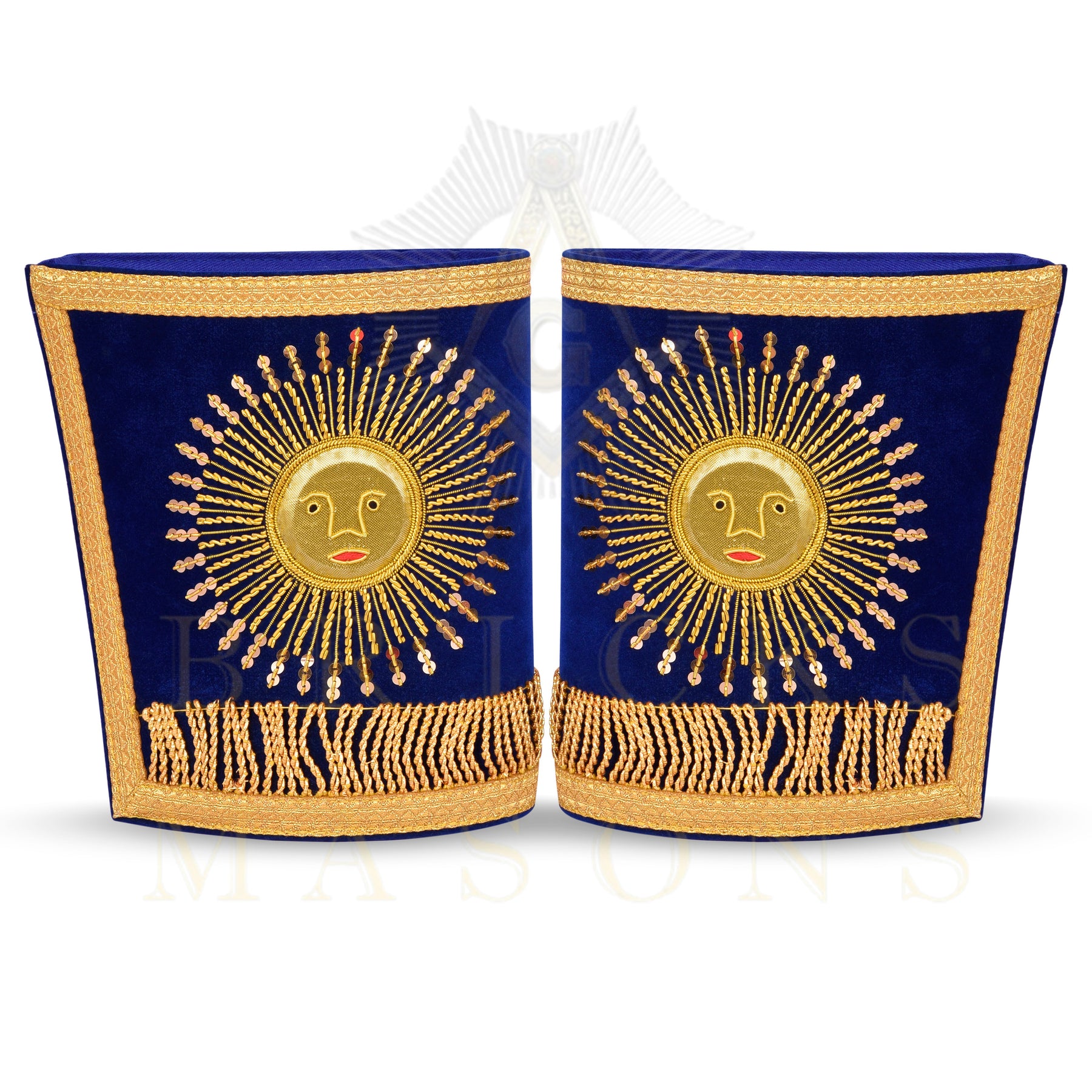 Grand Master Blue Lodge Cuff - Hand-embroidered Gold Sun & Blue Velvet - Bricks Masons