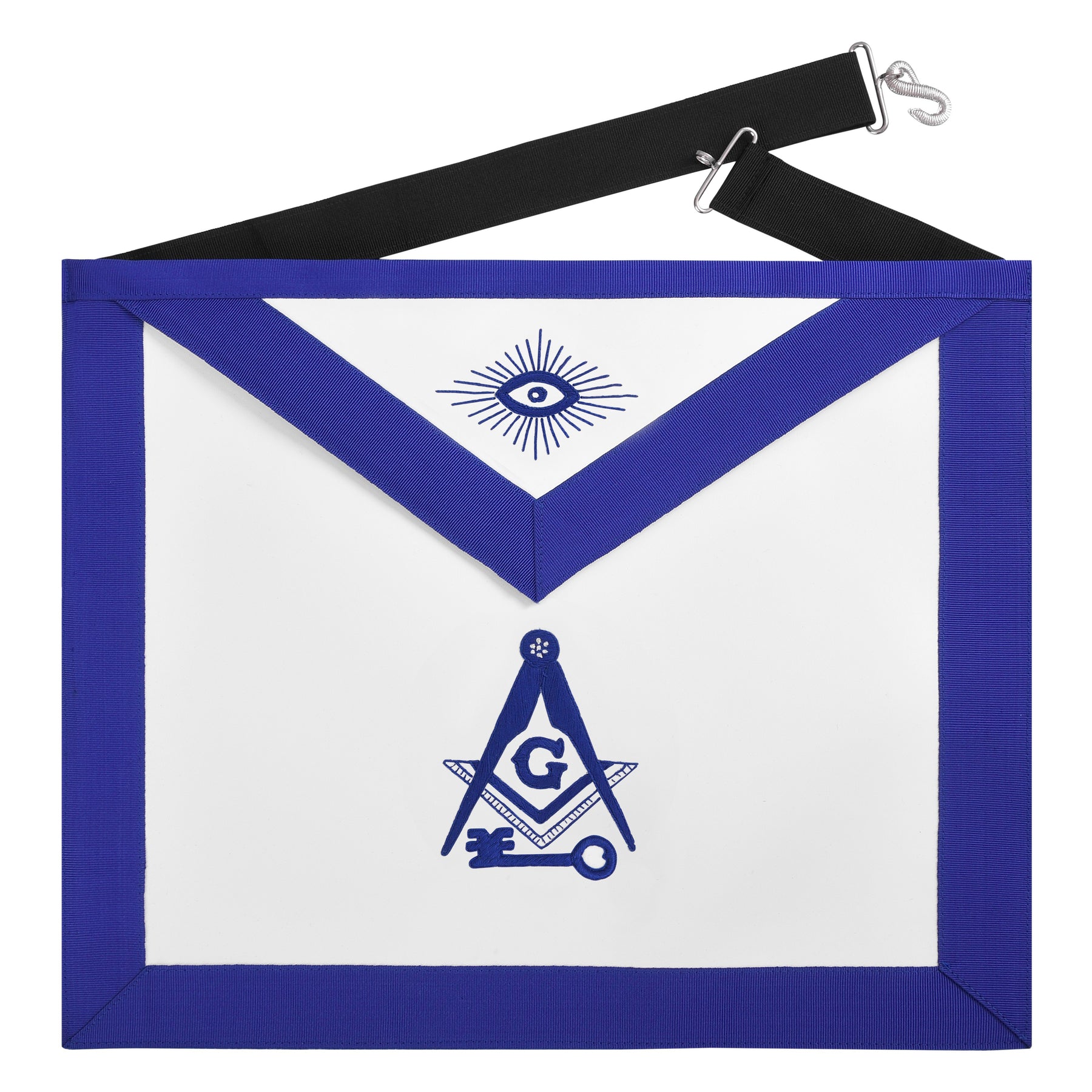 International Masons Apron - Royal Blue Ribbon Borders With Black Waist Belt