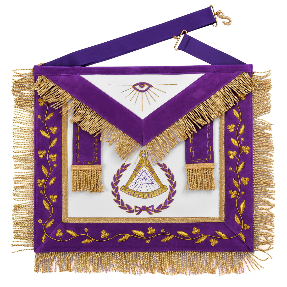 Grand Master Blue Lodge Apron - Purple Velvet Gold Bullion With Golden Braid Fringe - Bricks Masons
