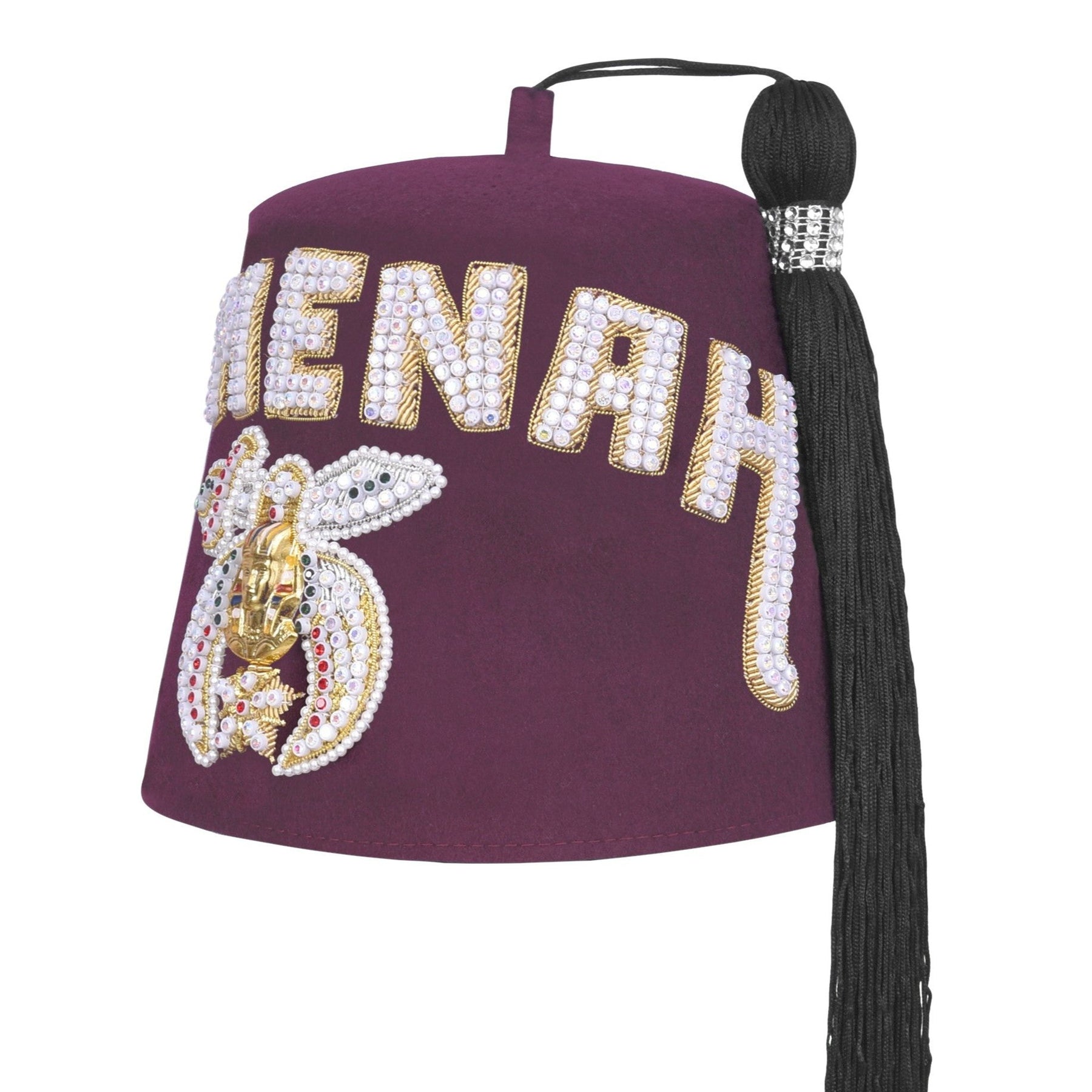 Shriners Fez Hat - Burgundy Wool Rhinestones Letters 2 Rows