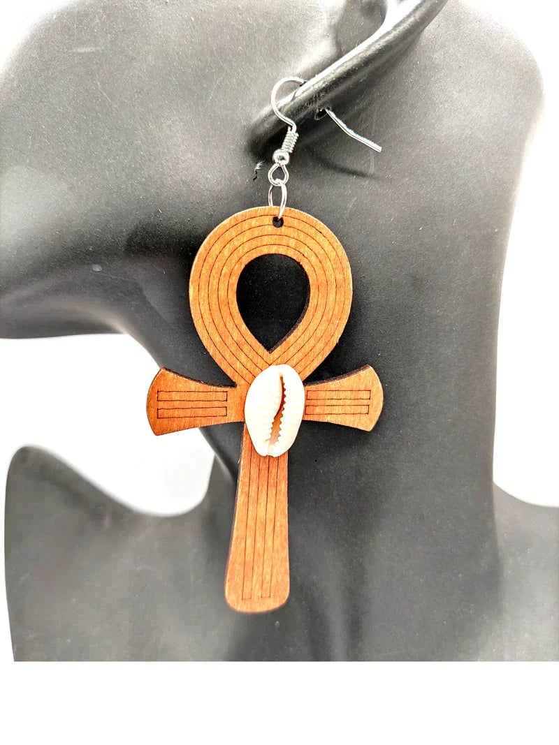 Ancient Egypt Earrings -  Wooden Ankh Cross One Pair - Bricks Masons