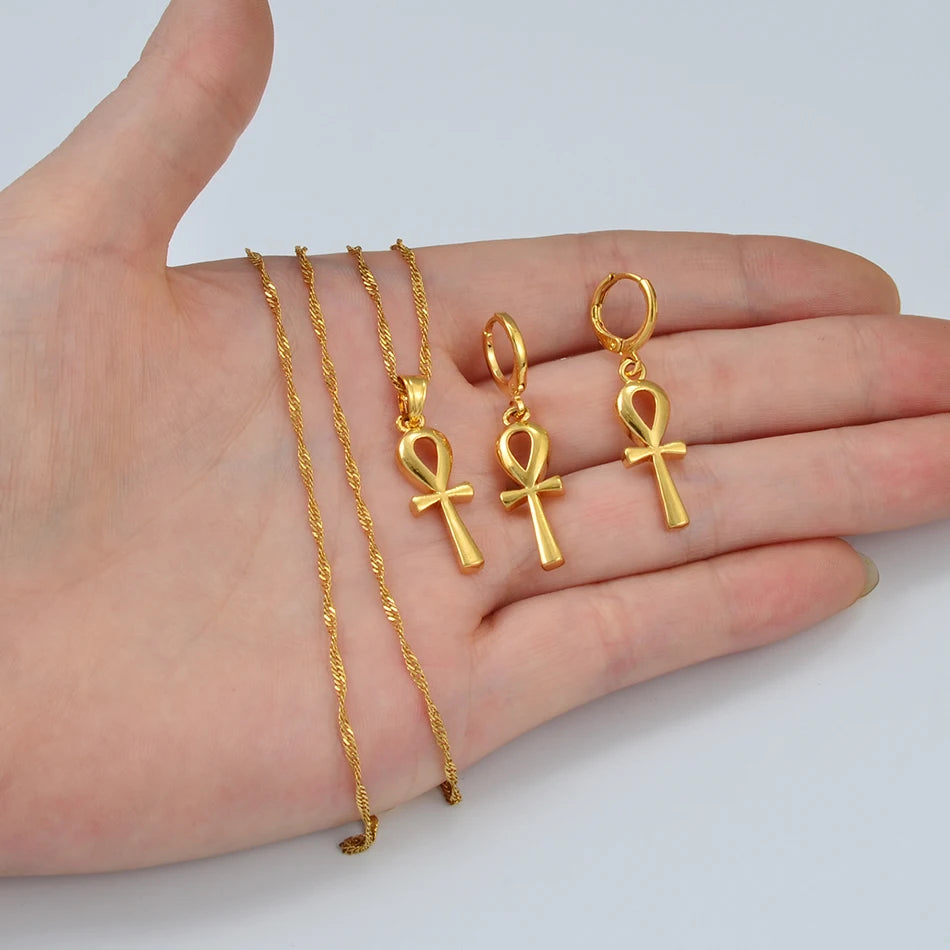 Ancient Egypt Jewelry Set - Gold Ankh Cross Pendant - Bricks Masons