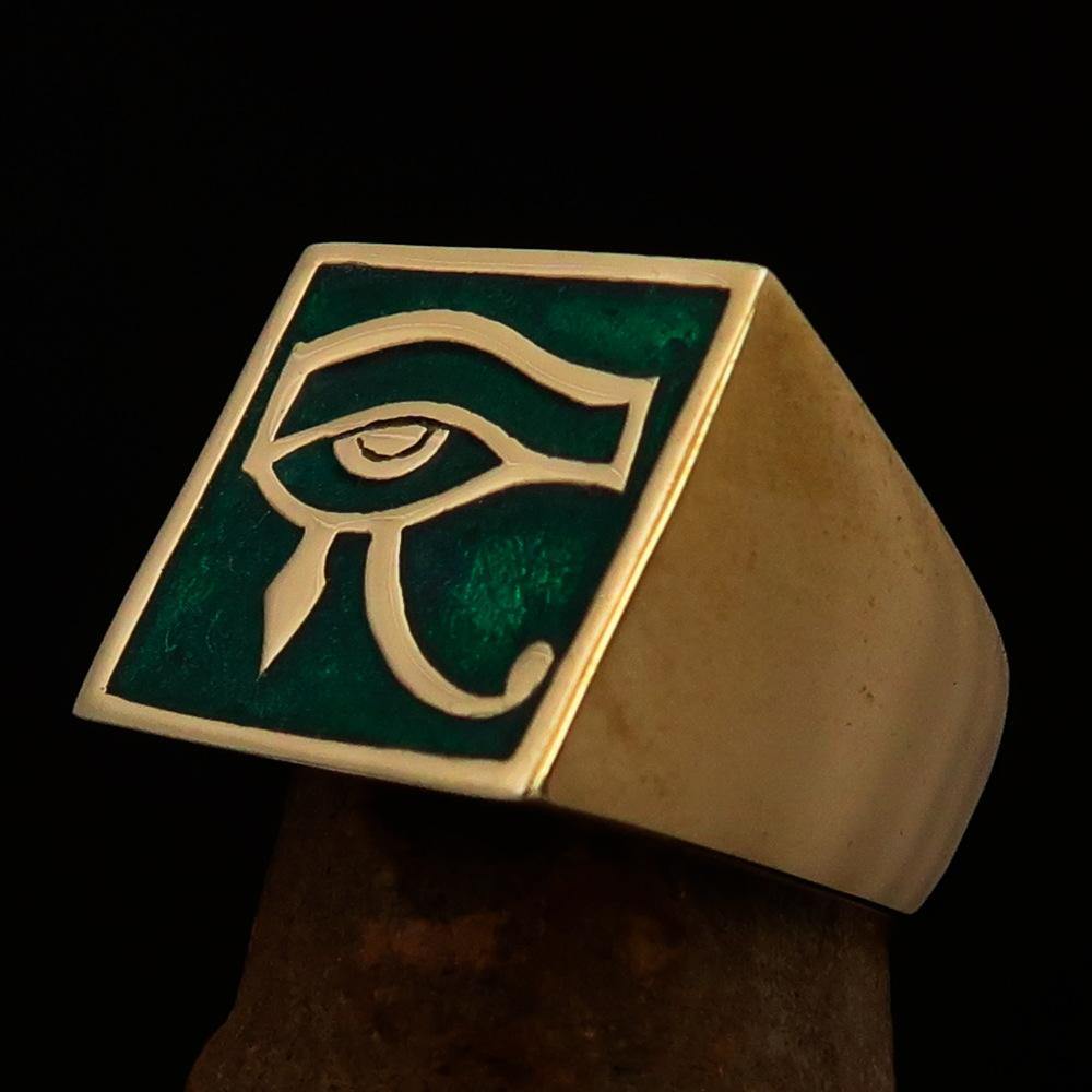 Ancient Egypt Keychain - Green & Gold Eye of Horus Solid Brass