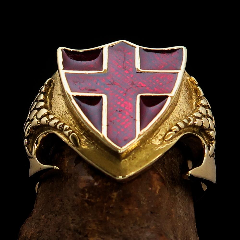 Knights Templar Commandery Ring - Brass Knight & Shield With Red Cross