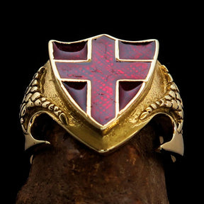 Knights Templar Commandery Ring - Brass Knight & Shield With Red Cross