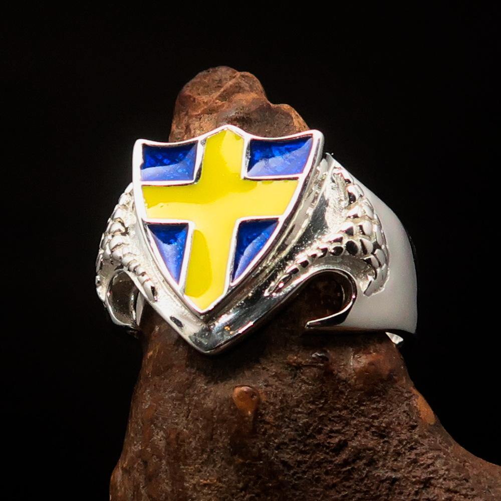 Knights Templar Commandery Ring - Flag of Sweden Yellow Cross on Blue Sterling Silver