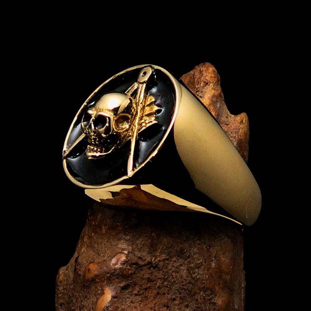 Master Mason Blue Lodge Ring - Gold & Black Solid Brass With Skull Square Compass