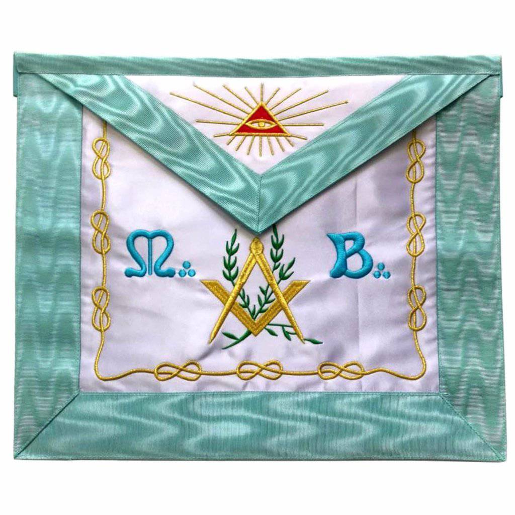 Master Mason Blue Lodge French Apron - Sky Blue Silk & Moire Machine Embroidery