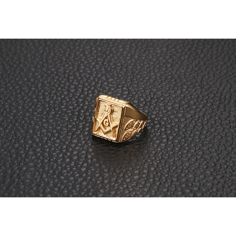 Master Mason Blue Lodge Ring - Gold Titanium Steel - Bricks Masons